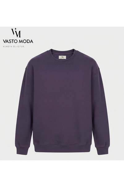 Vasto Moda Erkek Oversize Kalın Dokulu 3 İplik Şardonsuz Ribanalı Bisiklet Yakalı Basic Mor Sweatshirt