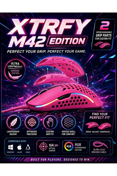Xtrfy M42 RGB Wired Gaming Mouse -UltraLightweight 59g, changeable part adjustment,(125/500/1000Hz) pollingswitch, Pixart Sensor, Omron 20M Switches, PRO-GRADE COMPONENTS,, 100% PTFE Skates, Black