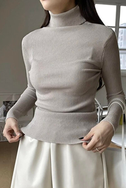 Buteks Pulover unisex, crem, bej, bumbac, cu gât crucișat, cu nervuri