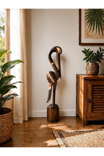 Barc Shop Ahşap 80 cm Flamingo Figürü El Yapımı Dekoratif Büyük Biblo Tropica...