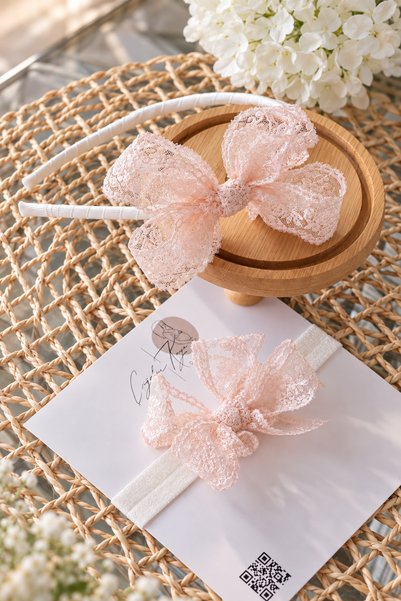 çiğdem kaya design Salmon Lace Bow Mother and Baby Maternity Crown Set, Maternity Crown