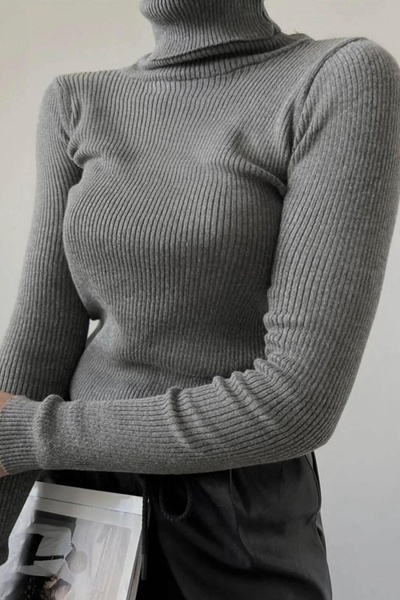 Buteks Anthracite Grey Premium Cotton Turtleneck Camisole Raster Slimfit Turtleneck Sweater