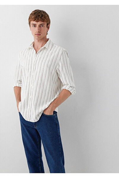 Mavi Men's Ecru Striped Shirt Pot Shirt on Antique White Background