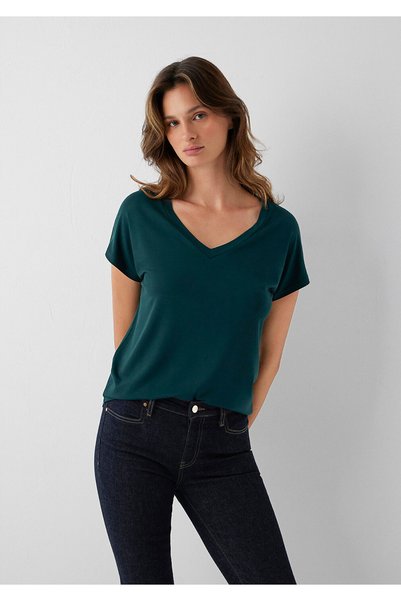 Mavi Tricou verde de bază din viscoză cu decolteu în V, croială normală 167714-71929