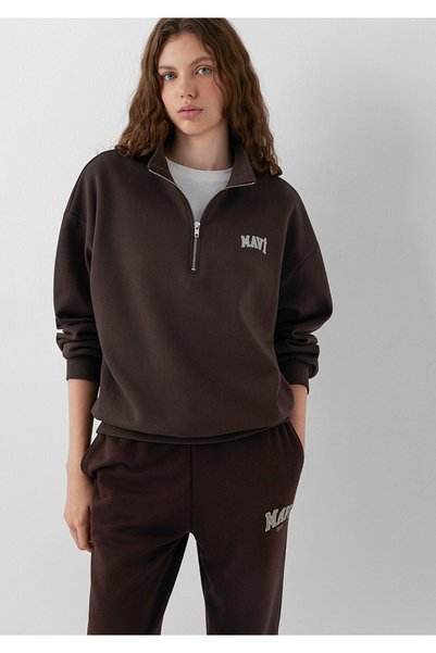 Mavi Logo Yarı Fermuarlı Kahverengi Sweatshirt 1S10179-70240