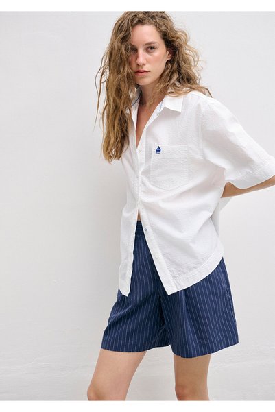 Mavi White Shirt with Ship Embroidery Detail Loose Fit / Relaxed Comfortable Cut 1211607-70057