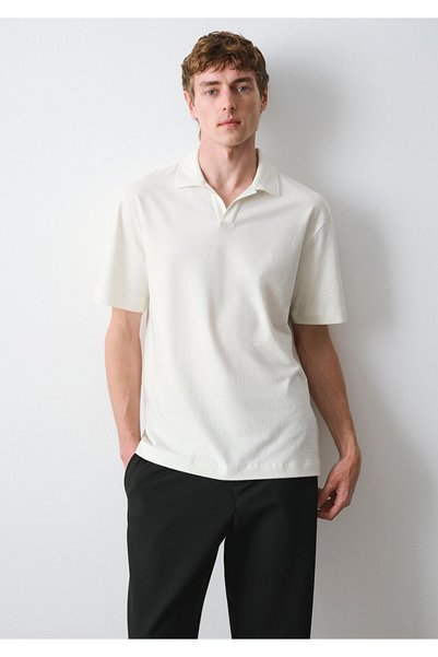 Mavi Linen Blend Ecru Polo T-Shirt Loose Fit / Relaxed Comfortable Cut 061334...