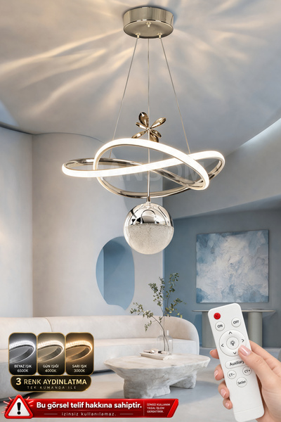 RANSOM 3 Renk Toplu Kumandalı Krom Gümüş Dimmerli Led Avize Büyük Yıldız Ledl...