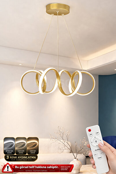 RANSOM 3 Renk Kumandalı Gold Kasa Dimmerli Led Avize Kıvrım Ledli Avize