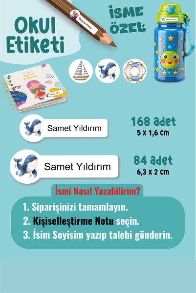 YUNUS COPY Okul Etiketi Kalem Defter Etiketi Mavi Balina Temalı Özel İsim Yaz...