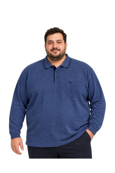 BattalModa Erkek Büyük Beden Melanj İndigo Polo Yaka Uzun Kollu Pike Tişört M...