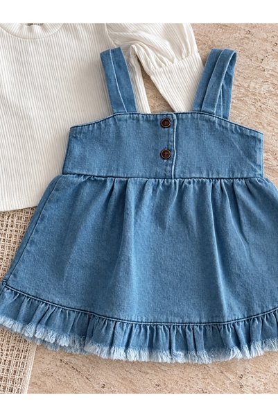 Jammybaby Tasseled Denim Pinafore Dress %100 Cotton Stretch Fabric Rib Knit Balloon Blouse Luxury Jean Girls' Baby Set