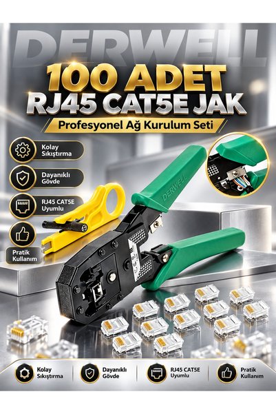 Derwell 2in1 Rj45 8p8c Cat5e/Cat6 Rj11 Utp Jak Sıkma Cakma Pensesi İnternet Ethernet Sıkma Pensesi + 100 Adet Cat5 Jak