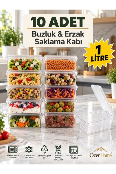 troykar 10 Adet 1 Lt Şeffaf Saklama Kabı Kendinden Kapaklı Erzak Kabı Derin D...