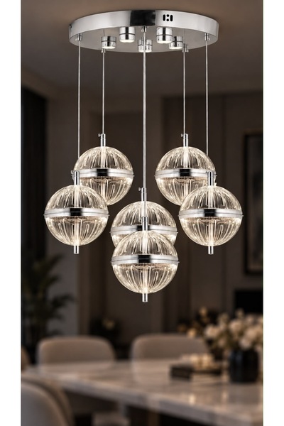 İstanbul Avize Küre 6'lı Gümüş Ledli 3 Renk Modern Led Avize