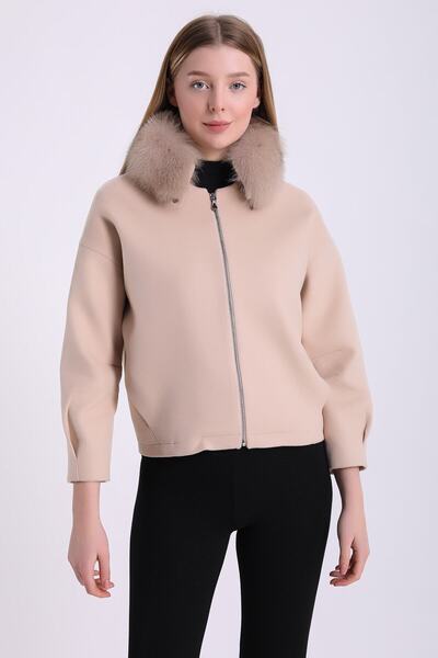 Leather Club Krem Fox Aksesuarlı Kaşmir Ceket