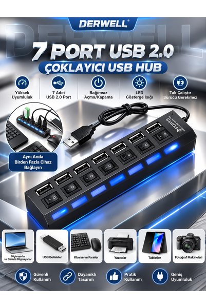 Derwell 7 Port Usb Çoklayıcı Hub Anahtarlı Aç/kapa Düğmeli Işıklı Usebe Çoğaltıcı Hub Switch Tak Çalıştır