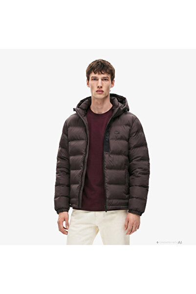 Lacoste Erkek Regular Fit Kapüşonlu Koyu Kahverengi Şişme Mont