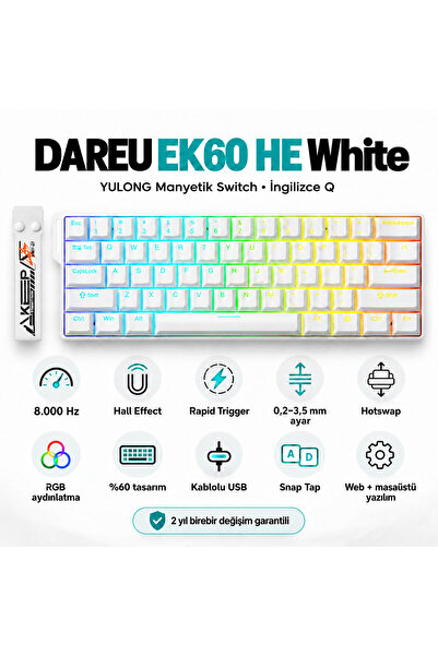 DAREU EK60 HE White %60 YULONG Manyetik Switch 8K Hz HE Hotswap RGB İngilizce...