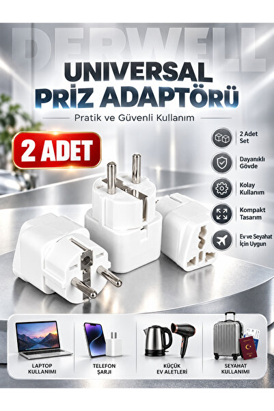 Derwell 2 Adet Üniversal Evrensel Seyahat Adaptörü Ingiliz ve Amerikan Fişler...