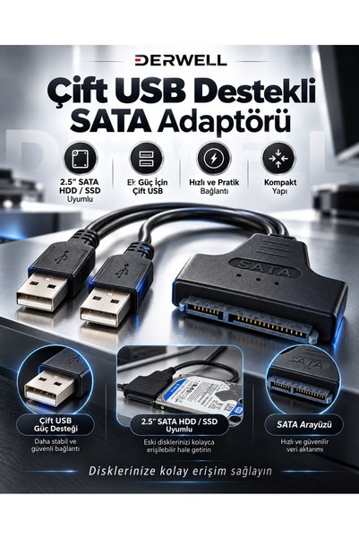 Derwell Yeni 2026 Çift Usb 2.0 Sata 22 Pin 2.5 Inç Sabit Disk Hdd Adaptörü Dönüştürücü Seri Ssd Kablosu