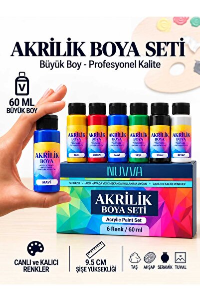 NUVVA Akrilik Boya Seti 6 Renk x 60 ml Büyük Boy – Taş, Ahşap, Seramik, Tişör...
