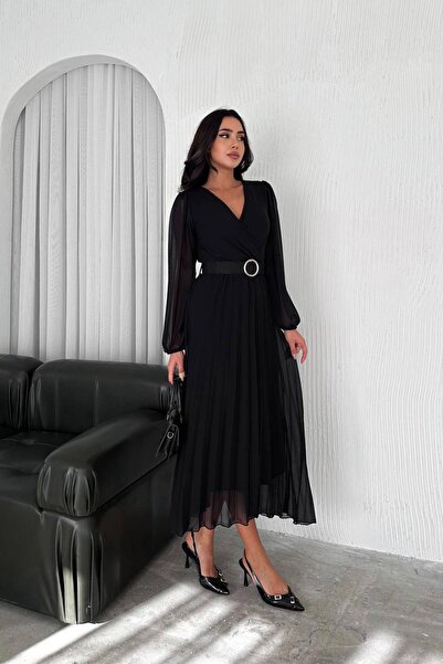 Neşeli Butik rochie neagră din șifon cu curea plisată pentru femei NBK3028