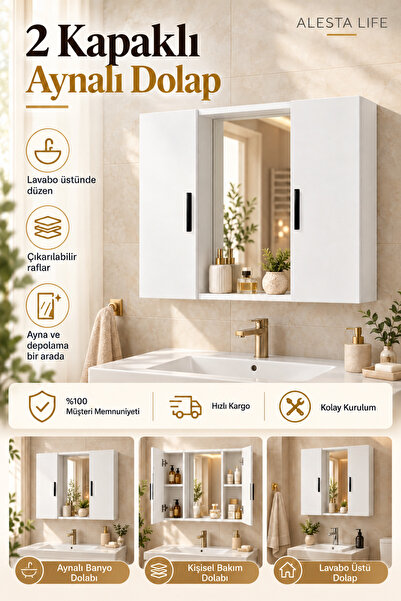 Alesta Life 2 Kapaklı Beyaz Aynalı Banyo Dolabı