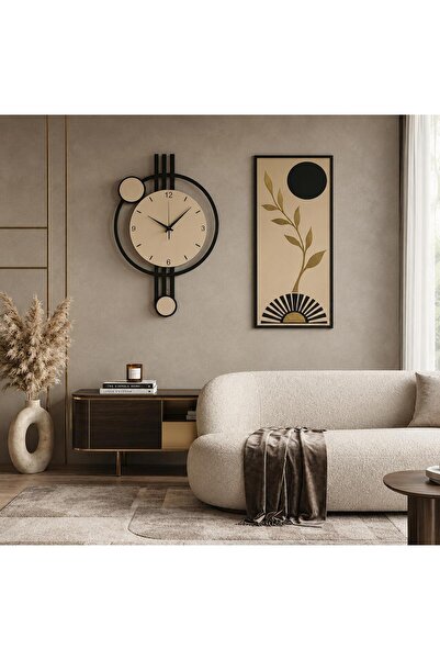 Nera Tasarım Modern Duvar Saati ve Dekoratif Tablo Seti Siyah Krem Salon Duva...