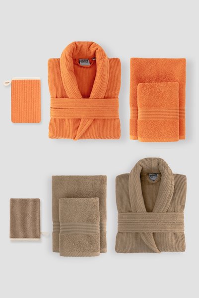 Ellaline Eldy 8 Piece Striped Bathrobe Family Set 100% Cotton Certified Bathrobe Set Dowry Set -Orange Beige