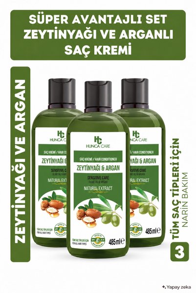 Hunca Care Zeytinyağlı Ve Argan Yağlı Saç Kremi 485 ml - 3 Adet