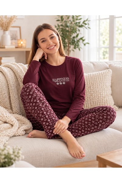 Alperi Women's Viscose Pajama Set Long Sleeve Crew Neck Patterned Trousers Co...