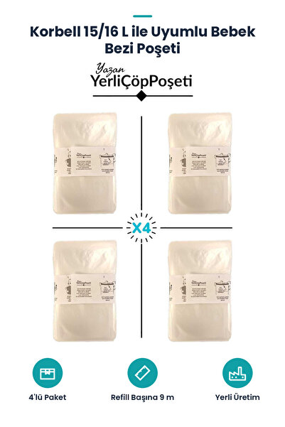 YerliÇöpPoşeti Korbell 15/16l Uyumlu Yerli Bebek Bezi Çöp Poşeti 4lü
