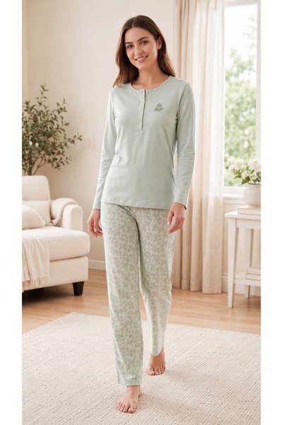 FLZ Women's Viscose Pajamas Set Winter Long Sleeve Placketed Buttoned Collar ...