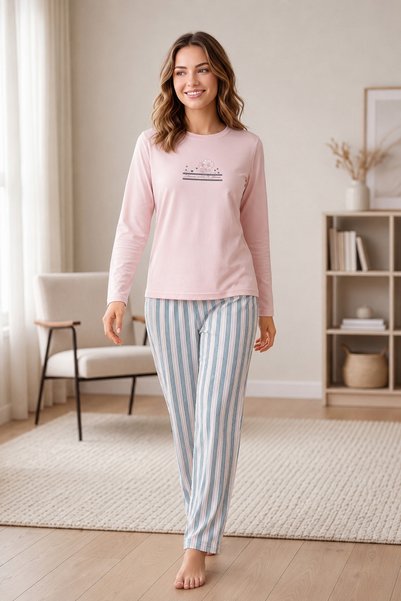 FLZ Women's Winter Viscose Pajama Set Long Sleeve Striped Trousers Comfortabl...