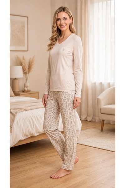 FLZ Women's Viscose Pajamas Set Winter Long Sleeve V-Neck Patterned Comfortab...
