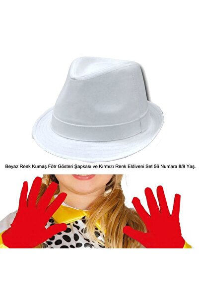 partidolu Fedora šešir od bele tkanine, set crvenih rukavica, za 8/9 godina