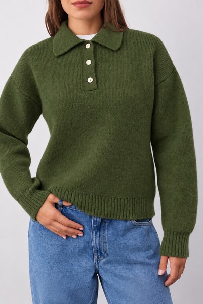 MAİSON VELORA Kadın Haki Basic Oversize Polo Yaka Yarım Pat Düğmeli Triko Kaz...