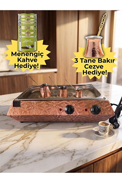 Profesyonel Bakır İşlemeli Kumda Türk Kahvesi Makinesi - Aynı Anda 3 Kahve Pişirme Kapasiteli (60x20 cm)