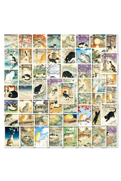 Choice1 56pcs x2 56/112 Pcs Japanese Retro Hand Drawn Cat Theme Stickers for ...