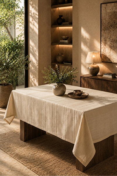 desenizmir Rustic Fabric, New Season Linen Look, Carefree Light Beige Table C...