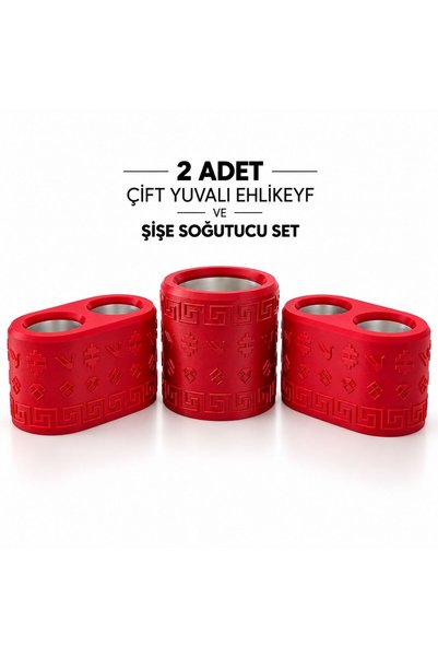 Mottopi Ehlikeyf Şişe Soğutucu ve 2 Adet Çift Kadeh Bardak Soğutucu-KIRMIZI