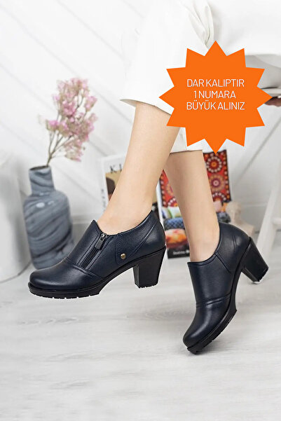 DERİMİSS Women's Navy Blue Low-Heel Genuine Leather Orthopedic Shoes