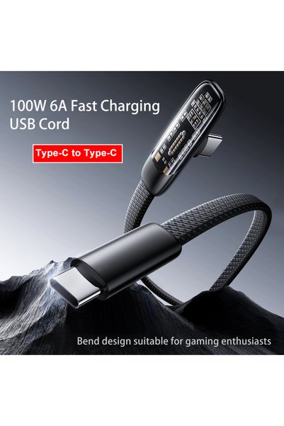 Choice 2m black 100W 6A Type C to Type C Elbow Fast Charger Data Cord For Sam...