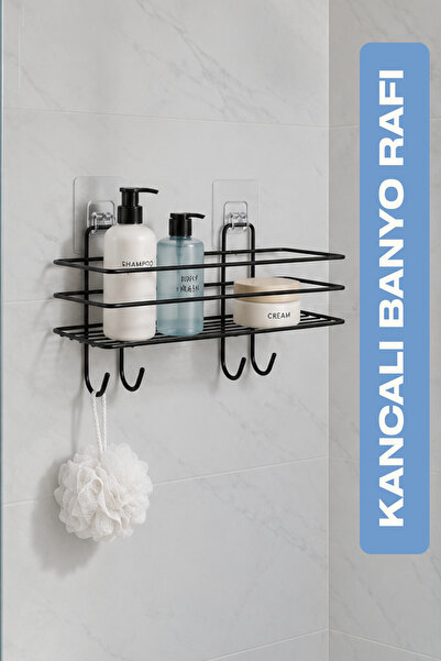 BEYZANA Kancalı Yapışkanlı Banyo Rafı Siyah Banyo Şampuanlık Duşakabin Duş As...