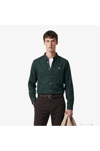 Lacoste Erkek Slim Fit Düğmeli Yaka Koyu Yeşil Gömlek