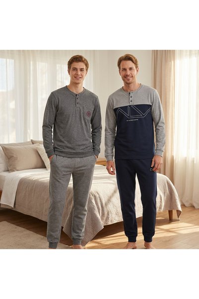 BONBON Men's Cotton Collared Buttoned Pocketed Pajama Set with Pockets, 2 Pie...