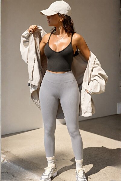 Madmext Sivo obojene Visok struk ženske Rebrasto leggins MG1625