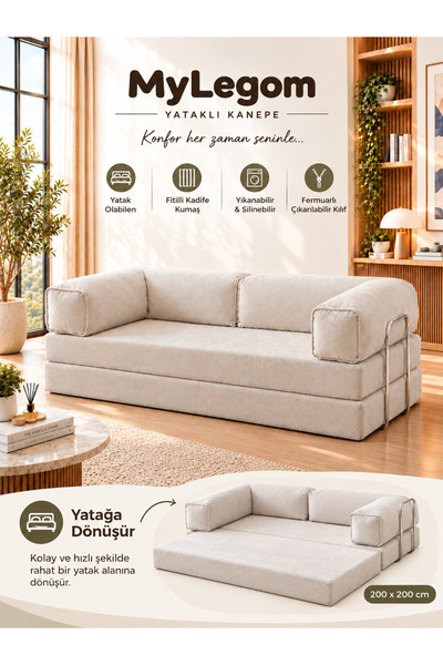 Ravessi MyLegom Krem Yataklı Kanepe, 200x200 cm Açılır Kanepe, Fitilli Kadife...