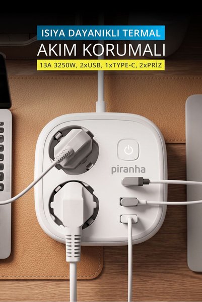 Piranha 45685 Akım Korumalı 2'li Priz | 2 x USB Çıkış | 1 x Type-C Çıkış | Çocuk Koruması | 2m Kablo